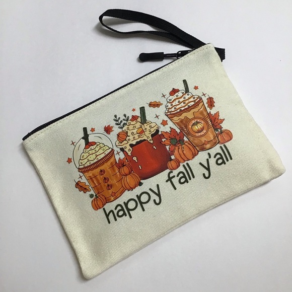 Fall Pumpkin Spice Latte Coffee Cosmetic Bag Canvas Zip Happy Fall Y’all NEW - Picture 7 of 11